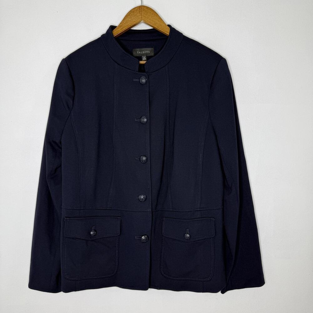 Talbots Jacket Womens 16 Navy Stand Collar Blazer Button Front Pockets Lined NEW